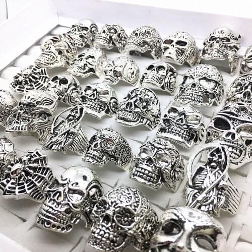 MIXMAX 30pcs skeleton skull ring set sliver alloy mixed styles mens unisex plating retro punk jewelry brand wholesale bulk lots