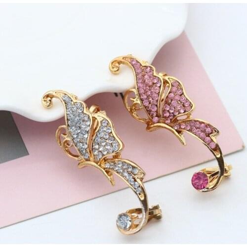 Fashion Hyperbole Butterfly Earrings For Women 1pcs White Pink Rhinestone Elves Clip Earrings Animal Ear Cuff Earings Brincos