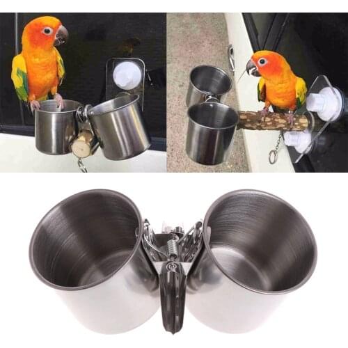 New Bird Feeder Cups Food Water Feeding Bird Double Cups With Clip Stainless Steel Parrot Cage Stand Bird Supplies C42