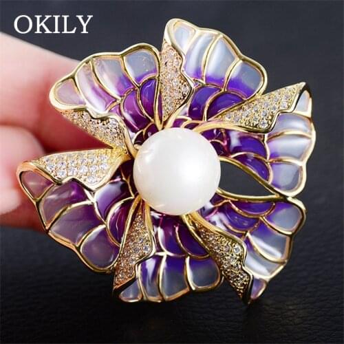 OKILY Graceful Purple Enamel Flower Brooches with Pearl Wedding Zircon Bouquet Bijoux Pins for Women Clothing Accessories