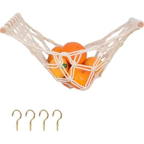 Woven Fruit Hanging Basket Fruit Hammock Stable Punch-free Cotton Breathable Hanging Vegetable Holder Basket for Kitchen