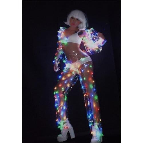 Performance Music Festival Nightclub Singer Dance Team DJ Disco Costume Female Sexy Perspective Color LED lights jacket pants