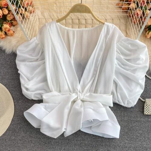 Puff Short Sleeve V-Neck Shirt Womens Summer Ruffled Lace-Up Pleated Solid Color Sexy Night Club Streetwear Plus Size Blouse