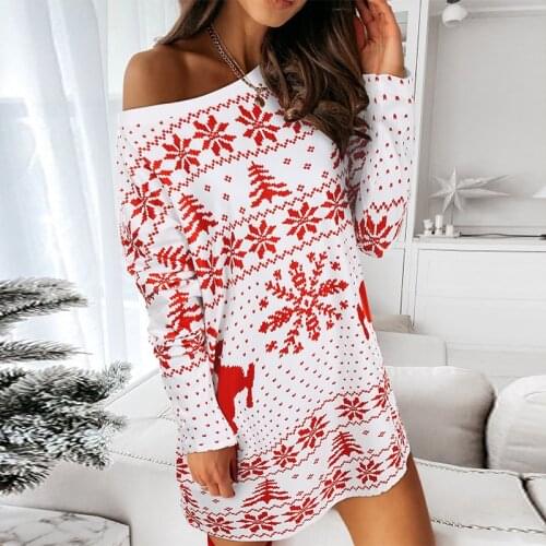 Christmas Ladies Sexy Long Sleeve Dress Knit Temperament Elk Snowflake Printing Knitted Short Dress Autumn Winter Xmas New Year