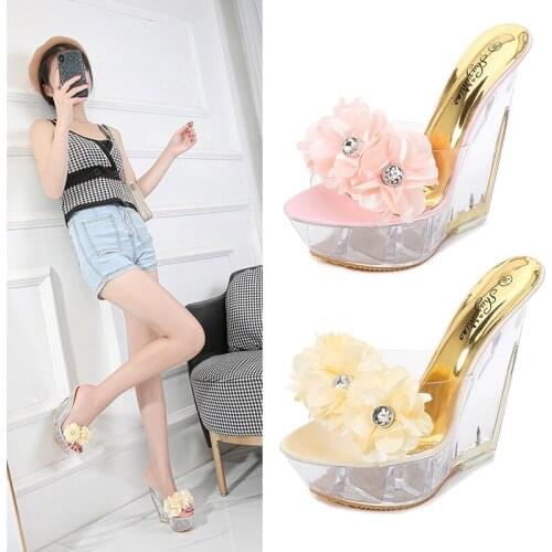 Women High Heel Waterproof Platform Sexy Open-toed Cool Slippers High Transparent Flowers Slope Crystal Sandals