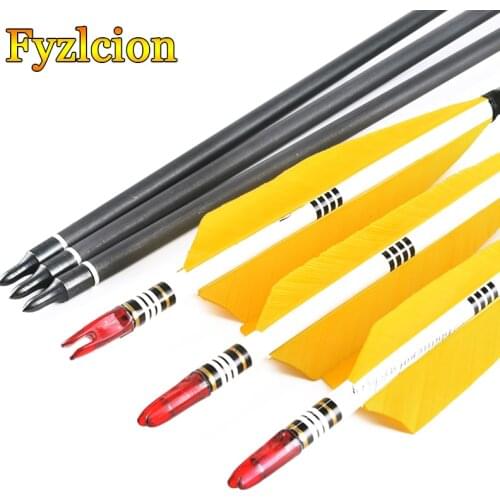 Hunting Archery 12pcs/lot 80cm Length Crossbow Carbon Arrows Yellow Turkey feather for 20-50lbs Compound bow