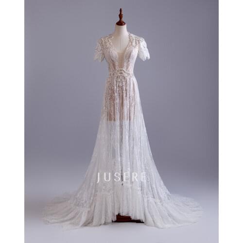 Jusere V-neck A-Line bridal dress wedding dress bridal gown split up sweep train short sleeves dress