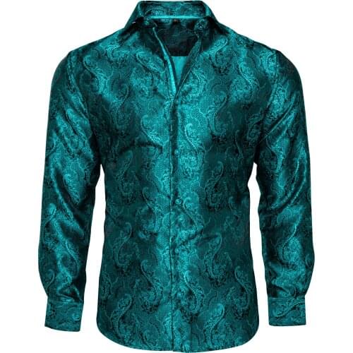 Teal Blue Paisley Silk Shirts Men Long Sleeve Shirt Soft Comfortable Men Dress Slim Fit Social Business Dress Shirt DiBanGu