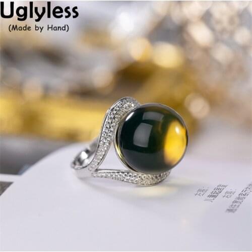 Uglyless Luxury Big Size Natural Amber Rings for Women Extravagant Evening Dress Jewelry Blue Perot Rings Sparkly Crystal Bijoux
