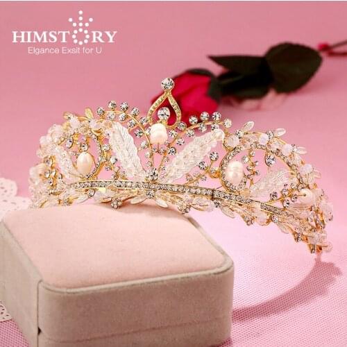 HIMSTORY Handmade Beaded Crystal Pearl Bridal Tiaras Wedding Diadem for Bride Headwear Hair Jewelry Accessories