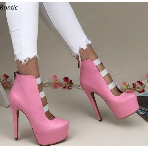 Rontic Women Spring Platform Ankle Boots Back Zipper Stiletto Heels Round Toe Pretty Fuchsia Red White Party Shoes US Size 5-20