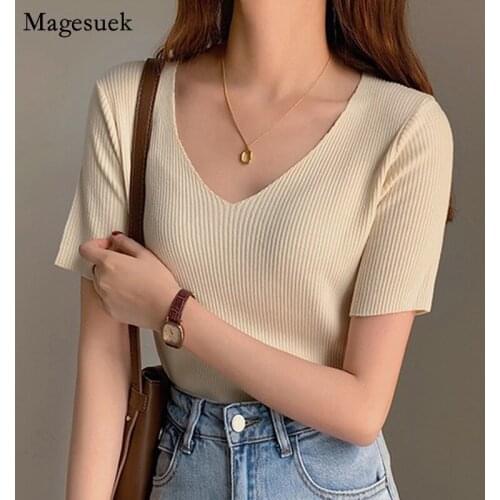 Woman Tshirts Knitted Casual Tops 2021 V-Neck Plus Size White Tee Short Sleeve Silm Summer T-shirt For Women T Shirt Women 13436