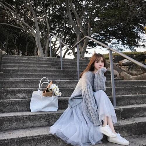 2021 Women Autumn Winter New Two-piece Sets Female O-neck Warm Knitted Sweater Tops Ladies Long Loose Mesh Skirts Suits Y497