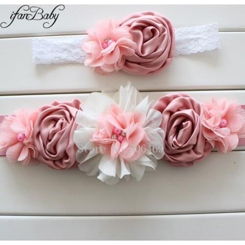 Fashion Vintage Pink/ivory flower Belt Girl Woman Sash Belt Wedding Sashes belt with flower headband 1 SET