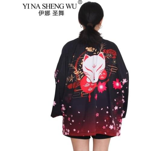 Women Kimono Yukata Cardigan Japan Kimonos Asia Clothes Summer Fox Mask Printing Shirt Casual Kimonos Kawaii Kimono Costume Coat