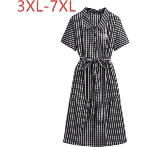 New 2021 Ladies Summer Plus Size Shirt Dress For Women Large Short Sleeve Loose Cotton Black Plaid Dress 3XL 4XL 5XL 6XL 7XL