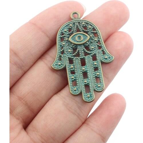 10pcs Verdigris Patina Eye Hamsa Hands Fatima Palm Charms Pendant For DIY Handmade Necklace Bracelet Jewellry Making 42*28mm