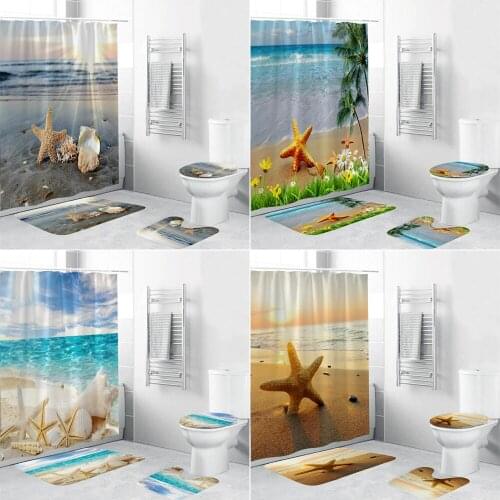 3D Dusk Starfish Shell Beach Fabric Shower Curtain Bathroom Curtains Non-Slip Rugs Toilet Lid Cover Mat Carpet Home Decor