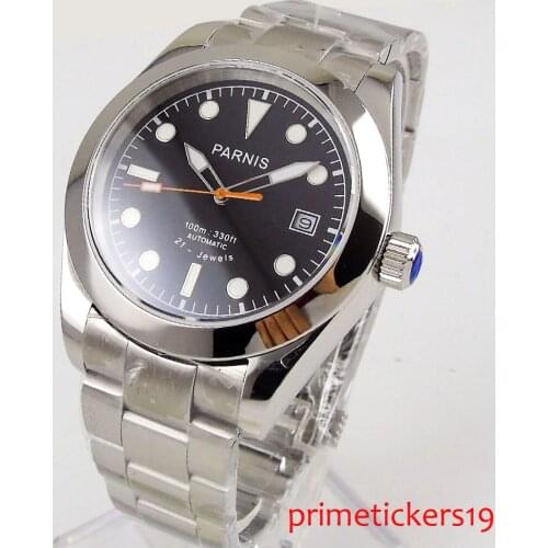 40mm parnis date black dial sapphire glass white numbers automatic mens watch bracelet clasp