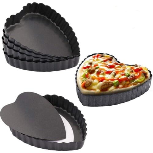 6Pcs Tart Quiche Flan Pan Molds Non-Stick Pie Pizza Heart Shape Mold Removable Loose Bottom 4.5Inch Mini Dessert Bakeware Tools