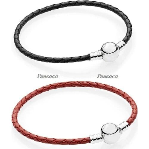 Authentic 925 Sterling Silver Bracelet Black Leather Ball Clasp Snake Bangle Bracelet Fit Women Bead Charm Pandora Jewelry