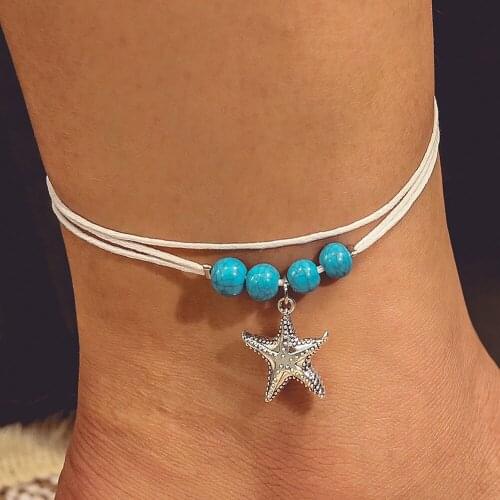 Bohemian White Rope Shell Beads Starfish Anklets New Multi Layer Anklet Blue Stone Leg Bracelets Handmade Jewelry For Women Gift