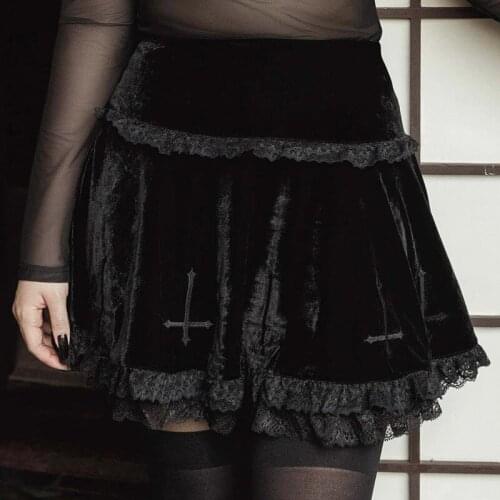 Black Gothic Dark Metal Lolita Cross Printing Embroid Witch Cosplay Costumes Skirts Cute Lolita New Gothic A Line A Shape