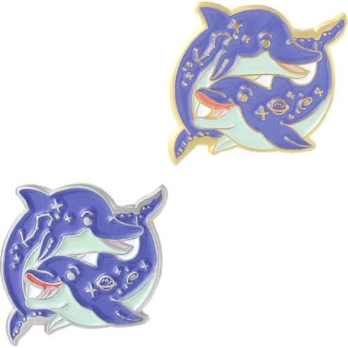 Cartoon Couple Dolphins Enamel Pins Cute Smile Ocean Animals Brooches Bag Lapel Badge Fashion Jewelry Gift for Kids Friends