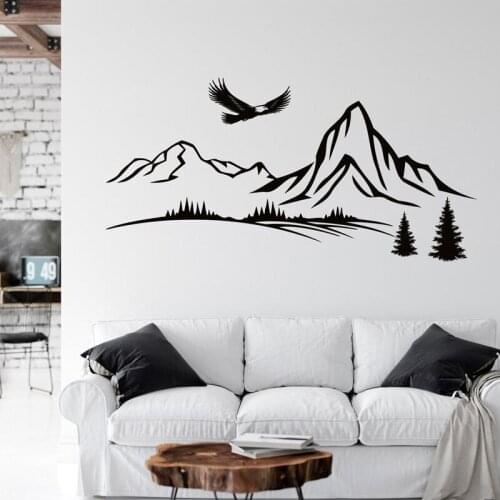 Mountains With Trees And Eagle Wall Decal Pine Trees Mountains Vinyl Sticker, Landscape Wall Art Decoration 2193