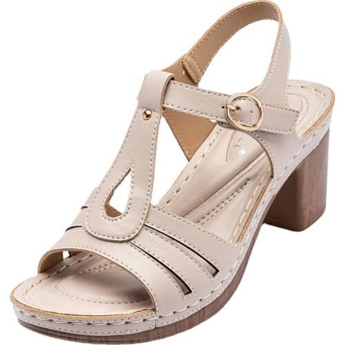 Hot Sale Block Heel Shoes Women Sandals High Quality Faux Leather Laides Heels Summer Breathable Pink Sandals Plus Size 41