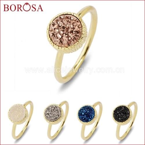 BOROSA Fashion 5PCS 10mm Gold Color Round Natural Crystal Titanium Druzy Ring Size 6 & 7 Gems Drusy Ring Jewerly ZG059