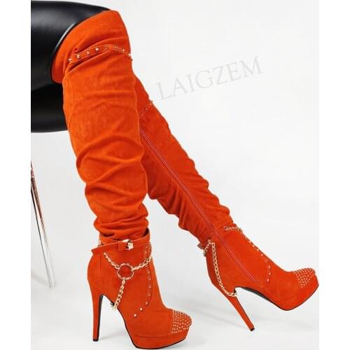 LAIGZEM Women Over Knee High Platform Studded Chains Boots Side Zip High Heel Tall Boots Unisex Shoes Woman Big Size 34 44 47 52