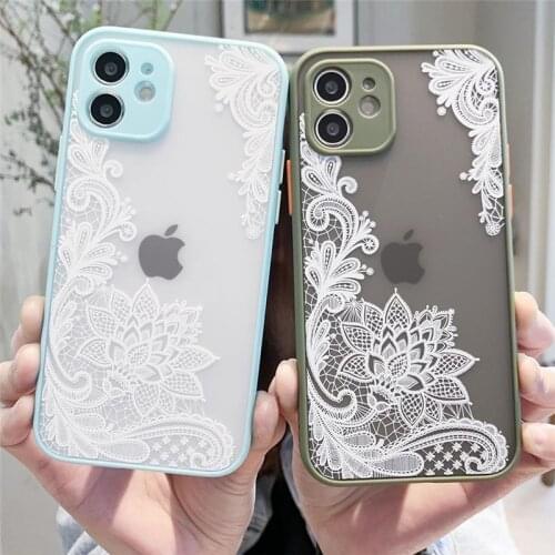 Matte Clear Lace Flower Phone Case For iPhone 12 11 Pro Max X XR Xs Max Hard PC Shockproof Back Cover For iPhone 7 8 Plus