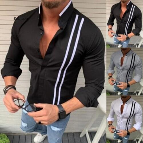 Fashion Mens Striped Dress Shirt Long Sleeve Button Down Tops Autumn Casual Formal Slim Fit Blouse Tee Plus Size