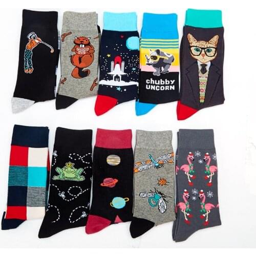 Fashion combed cotton mens socks Harajuku happy funny animal flamingo frog alien dress socks mens wedding Christmas gift