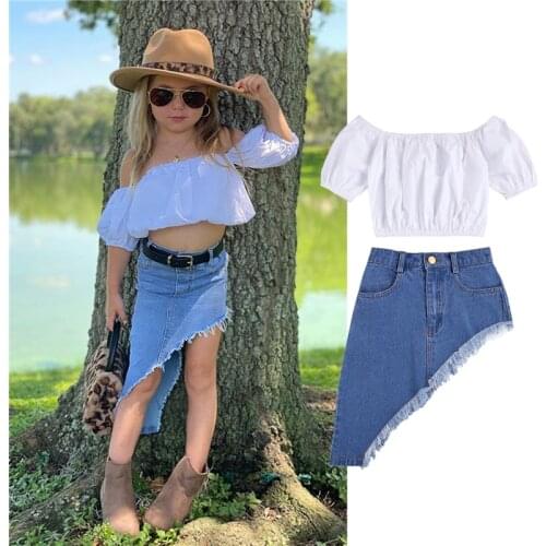 Summer New Arrival Girls Fashion Clothes Set 2 Pieces Suit Off Shoulder Tops+Denim Skirt Kids Sets Girls Clothes 0-6Y