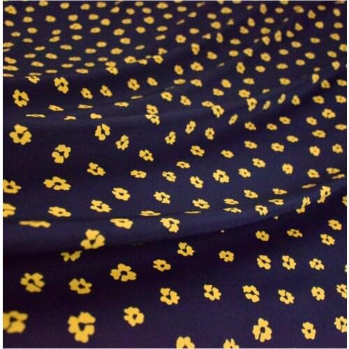 Plain Satin Fabric Navy Blue Background Turmeric Flowers Floral Printed Fabric Fashion Skirt Shirt Clothing Handmade DIY Fabric