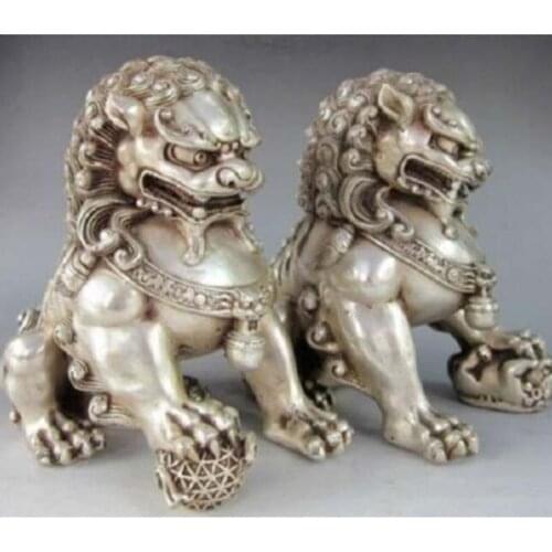 A Pair Chinese Antique Silver Guardian Lion Foo Fu Dog Door guard Statue 1150 g