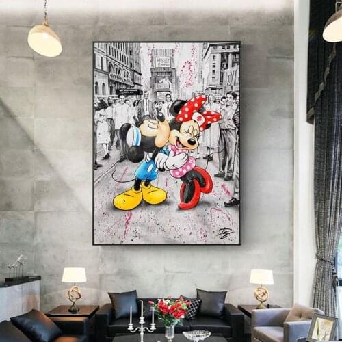 Disney Poster Century Kiss Graffiti Art Painting Street Pop Art Canvas Print on Wall Art Mickey Minnie Mouse Pictures Kids Room