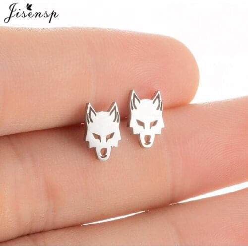 Punk Silver Color Wolf Stud Earrings for Women Men Pendientes Stainless Steel Amulet Wolf Animal Ear Piercing Jewelry Cute Gifts