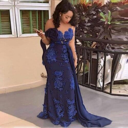Dark Navy Lace Appliques Prom Dresses Aso Ebi African Sheer Long Sleeve Mermaid Evening Gowns Plus Size Arabic Robe Party Dress