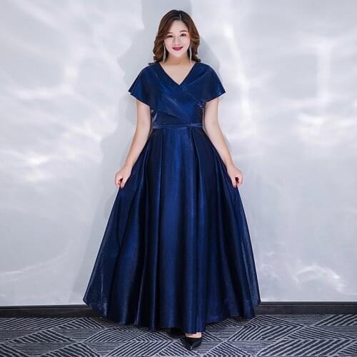 Navy Blue A-line Evening Dresses Ruched Short Sleeves A-line Floor-length Simple Women Party Dress Plus Size Formal Gowns D405