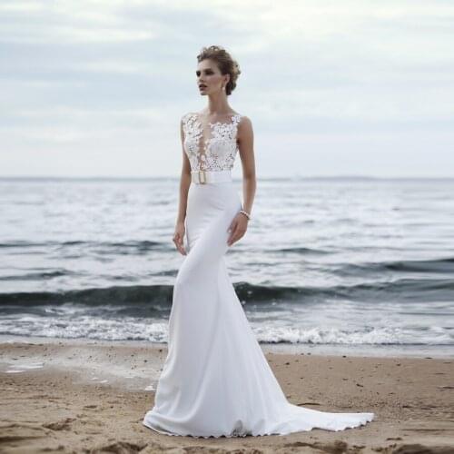 Simple O-neck Silk Applique Lace Beach Wedding Dress Mermaid Style Sweep Train Cheap Wedding Gowns With Sashes