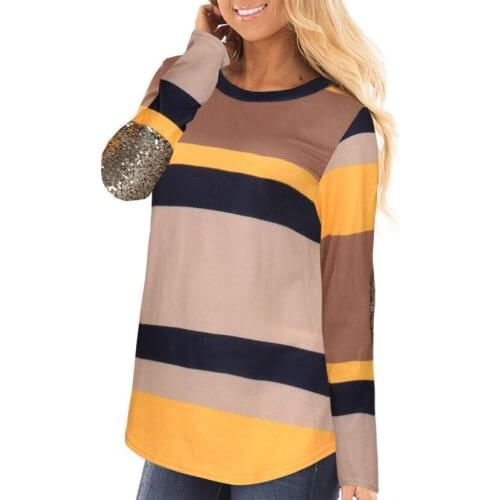 Striped O Neck Tshirt Women New Autumn patchwork Sequins Long Sleeve T-shirt Female Casual Loose Top Tee Female T-shirt