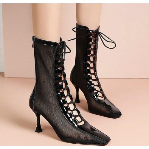 2021 New Fashion Summer Net Boots Women Lace Up Thin Heel Ankle Boots Ladies Square Toe Zipper Spring Short Boots Black Apricot