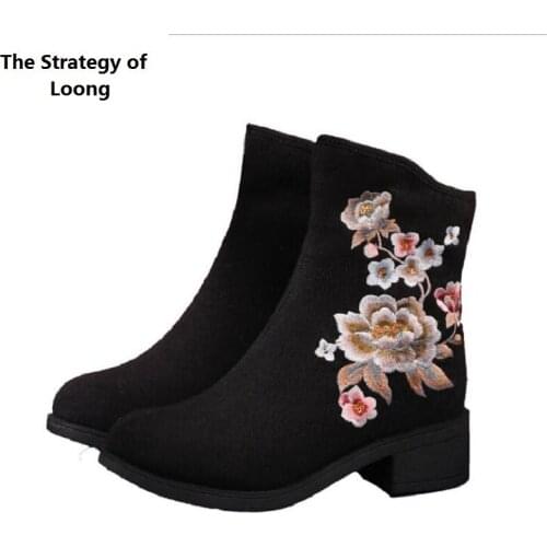 Spring Autumn New China Style Think Heels Vintage Embroiders Women Short Equestrian Boots Winter Plush Ladies Ankle Botas 0803