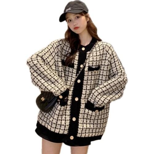 Autumn 2020 New Sweater Coat Retro Shirt Check Long Sleeve Single Breasted Plaid Loose Knit Cardigan Tide Ladies