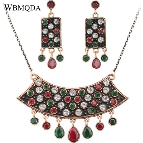 2 Pcs/lot Bohemian Jewelry Sets Vintage Colorful Crystal Statement Necklace Earrings For Women Party Accessories