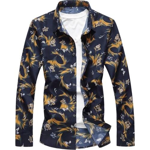 2019 Men New Flower printed Slim fit Long Sleeve Dress Shirts male Business Casual Holiday Beach Party Chemise Homme 6XL 7XL