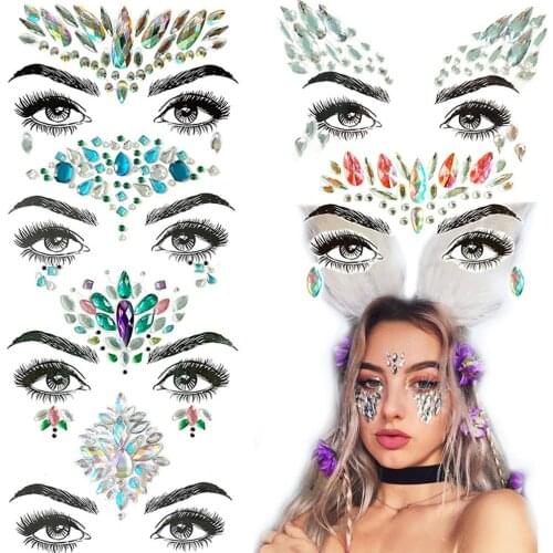 6 Set DIY Face Resin Crystal Rhinestone Gems Glitter Temporary Tattoo Stickers for Rave Festival Party Eyes Forehead Decor